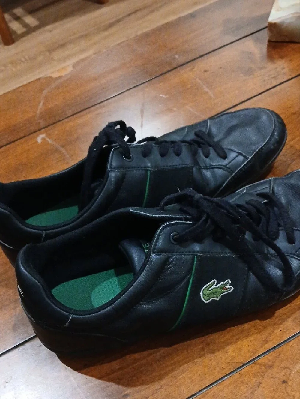 Lacoste Men’s Black Leather Sneakers with Green Inners and Trim